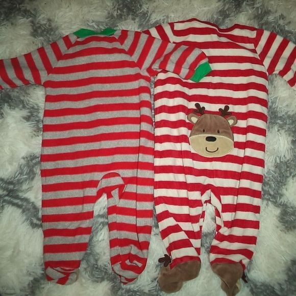 2 PAIRS CHRISTMAS PAJAMAS FLEECE SLEEPERS FOOTIES~CARTERS-GIRLS/BOYS SIZE 3 MO - Picture 3 of 3